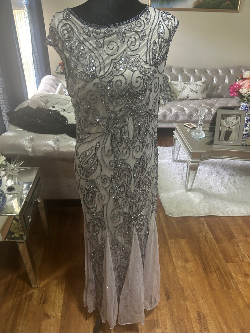 Pisarro Nights Ivory Maxi Dress with Silver Sequin Embroidery